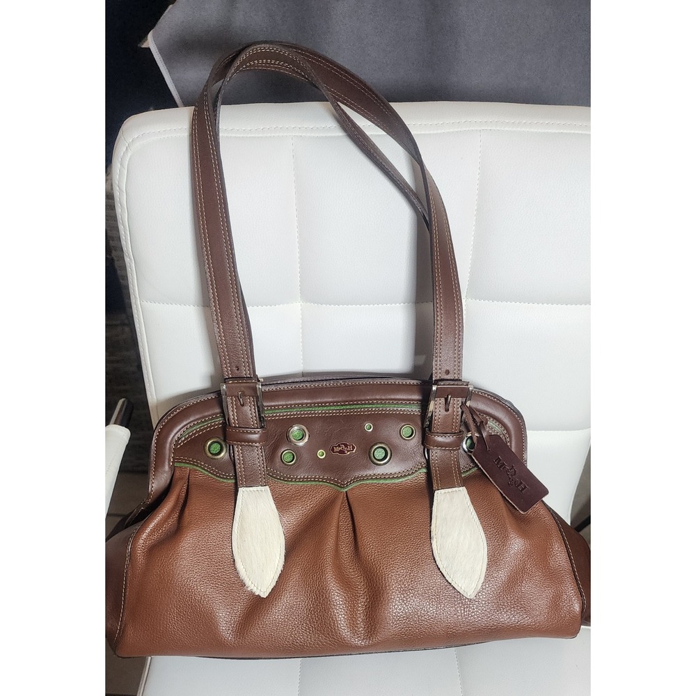 M&H Brown Leather Western‎ Shoulder Bag Cowhide Accents Green Piping Satchel